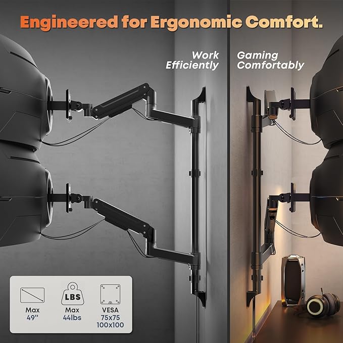 17-49" Dual Monitor Wall Mount - Fits Ultrawide Screens, Heavy Duty Gas Spring Arm with Long 35.4" Pole for Max Height Adjustment, Holds 44 lbs per Arm, VESA 75/100mm, Black