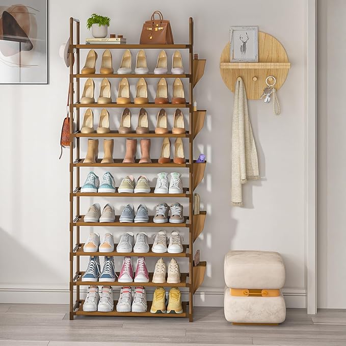 LUKYTOWER Tall Shoe Rack - 10 Tier Organizer for Closet, 30-35 Pairs, Large Capacity with 5 Hooks and Side Pocket, Sturdy Shoe Shelf, Vertical Shoe Stand Tower