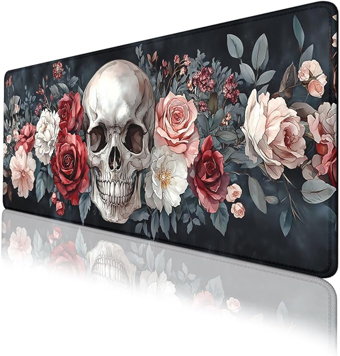 Fantasy Skull Mouse Pad Retro Roses Pink White Red Flowers Extended Mousepad XXL Computer Laptop Keyboard Mouse Mat Big Aesthetic Desk Decor Pad 31.5x11.8 in