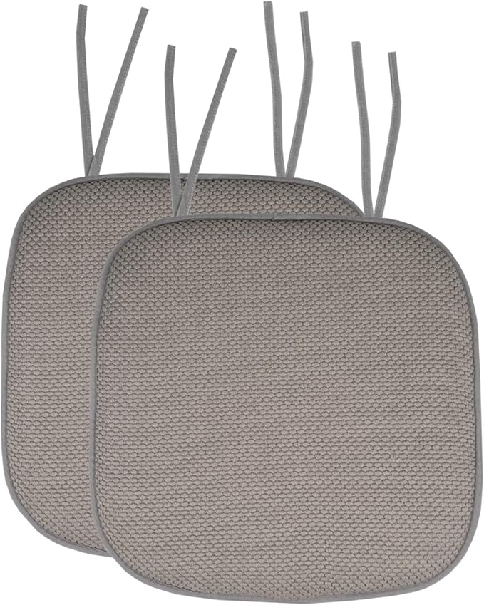Sweet Home Collection Chair Cushion Memory Foam Pads with Ties Honeycomb Pattern Slip Non Skid Rubber Back Rounded Square 16" x 16" Seat Cover, 2 Pack, Silver
