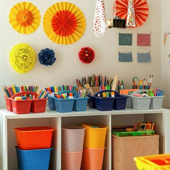 Kathfly 12 Pack Caddy Organizer with Handle, Stackable Organization Storage, Small Plastic Basket Classroom Caddy for Table Desk Office Pencil Kids Room Craft Art Teacher School Supplies (Blue Red)