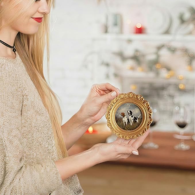 Dog Beagle Round Picture Frame Wall Decor, Rustic Farmhouse Gold Mini Ornate Photo Frame for TableTop Desk 2.7in Photo, Vintage Framed Artwork for Walls Office Bedroom Shelf