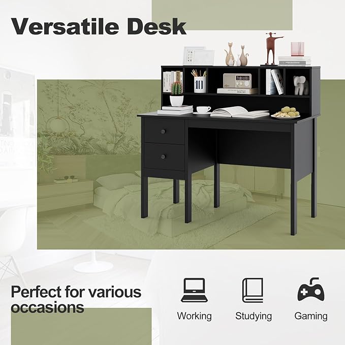 Giantex Black Desk with Drawers & Hutch, Home Office Desk with Charging Station, 5 Storage Cubbies, Makeup Vanity Table, Modern Study Writing Desk, PC Laptop Desks, Computer Workstation for Bedroom