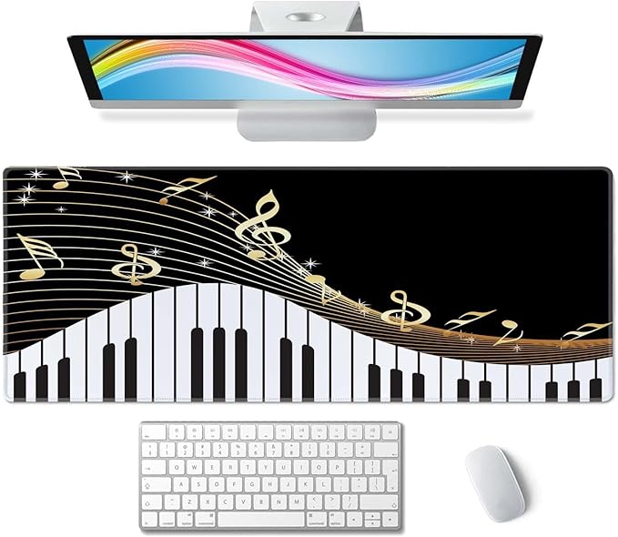Extended Gaming Mouse Pad Big, Music Notes Long Mouse Pad Large, 31.5x11.8in Non-Slip Rubber Base Black Mousepad, Stitched Edges Keyboard Mouse Mat Desk Pad