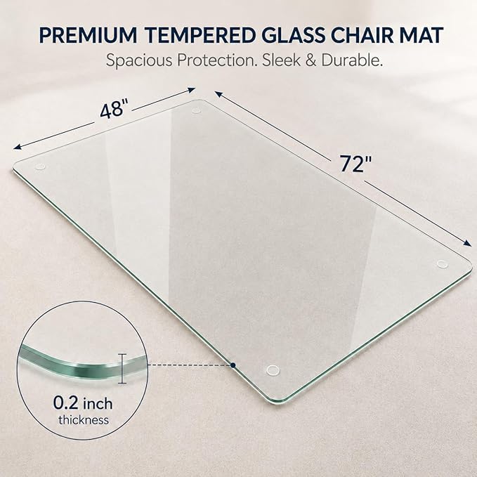 48 x 72 Inch Glass Chair Mat, 1/5 Inch Thick Tempered Glass Office Chair Mat for Carpet and Hardwood Floors, Heavy Duty Clear Desk Floor Protector with Rounded Corners and 8 Non-Slip Pads