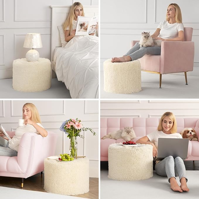 Hansleep Round Stuffed Pouf Ottoman 17 x 14, Foam Filled Faux Fur Ottoman Foot Rest for Chair with Washable Cover, Foot Stools Under Desk for Living Room & Bedroom, Beige