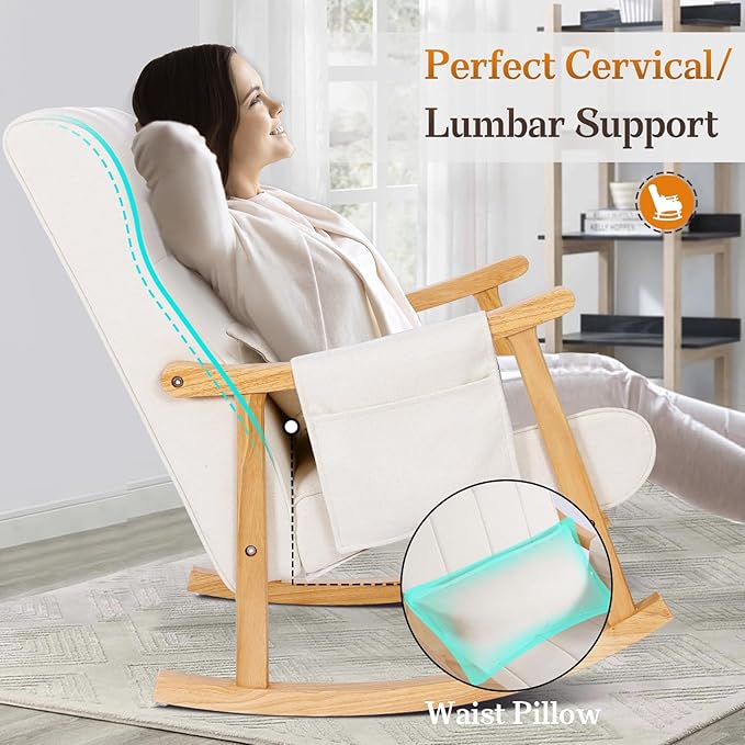 NOBLEMOOD Rocking Chair Indoor with Ottoman, Upholstered Rocking Chair with Lumbar Pillow, Side Pocket, High Back Solid Wood Frame Rocker with Footrest for Living Room