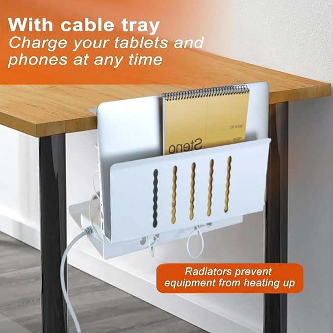 Desk Side Storage Organizer, Metal Hanging Laptop Mount with Anti-Scratch Silicone, No Drill Under Desk Cable Management Tray for Office and Home,White
