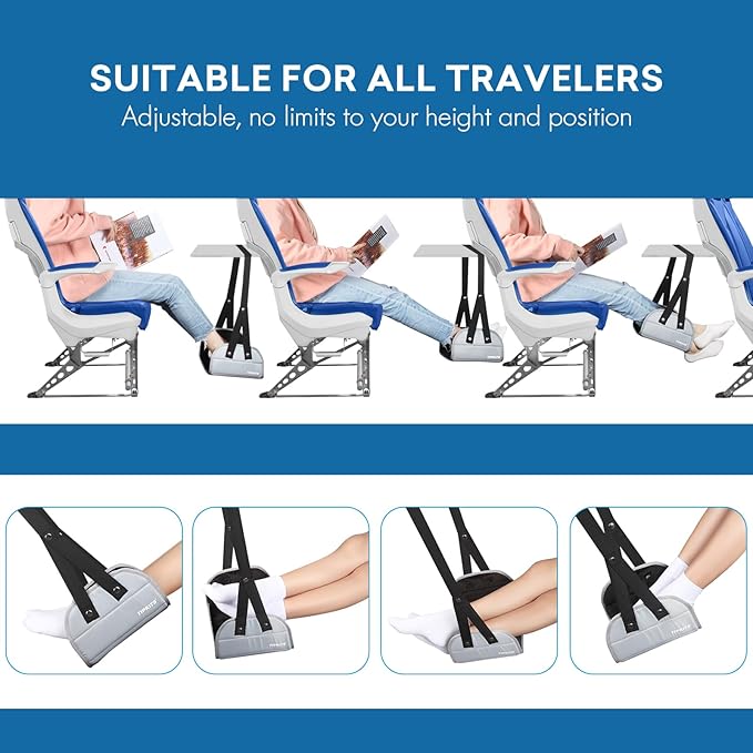 2 Pack Foot Hammock for Plane Travel with Comfortable No Clashing Base, Portable Foot Rest Made with Premium Memory Foam, Airplane Footrest Travel Essentials to Relax Your Feet, Grey