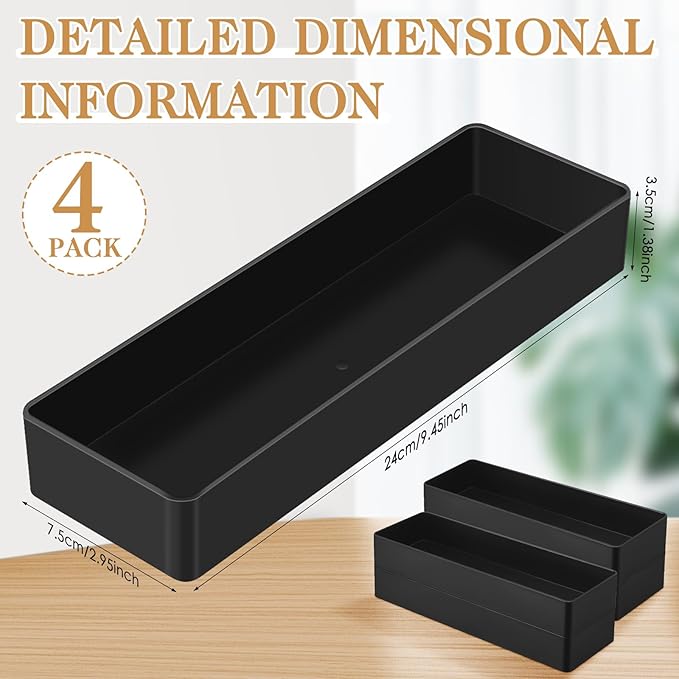 Teling 4 Pcs Black Large Rectangular Desk Organizer Set, Half Accessory Tray, Plastic Tabletop Organizer for Office, Home, or Study, Dimensions: 9.45 x 2.95 x 1.38 Inches