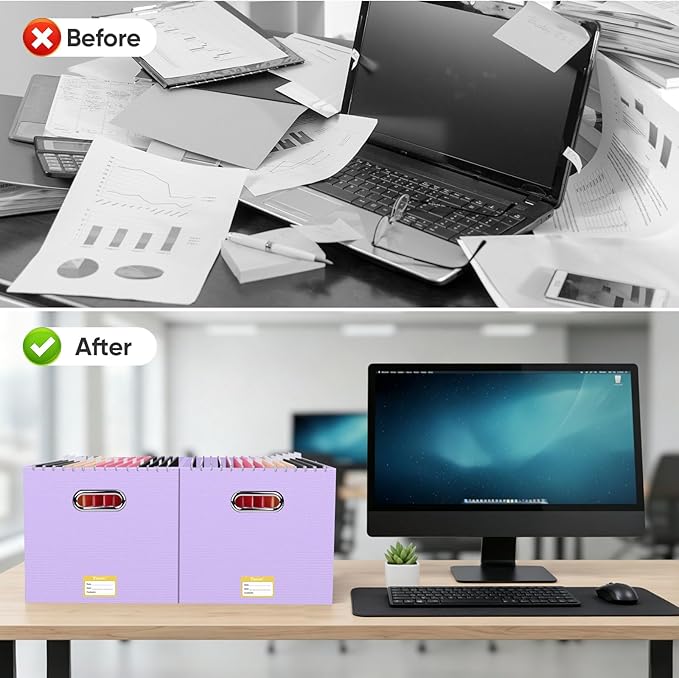 BALEINE File Organizer Box, Cardboard File Folder Organizer with Handle for Letter Size, Portable Collapsible Hanging Filing Box for Home Office Document Storage (4 Pack, Large Lavender)
