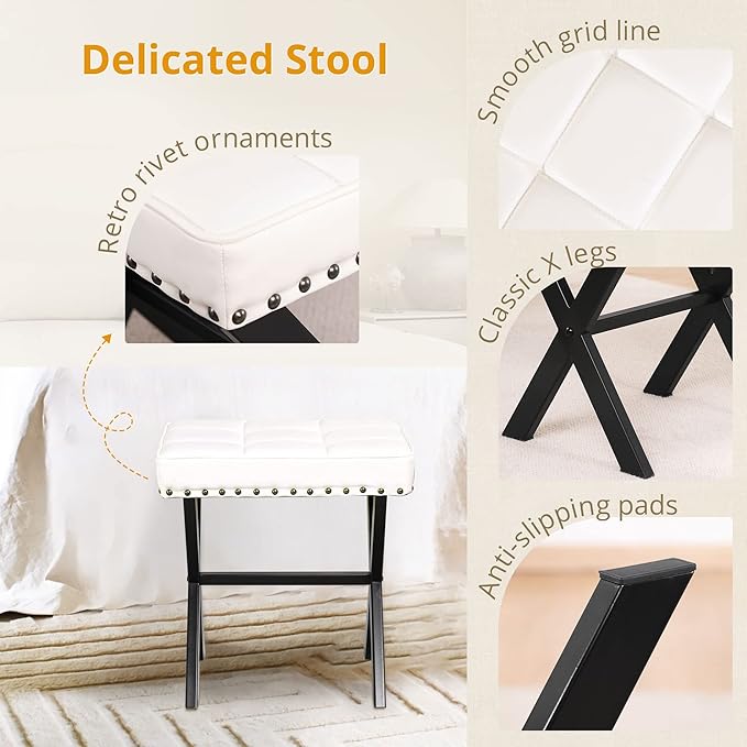 LUE BONA White Vanity Stool - Square Faux Leather Makeup Seat With Metal X Legs, Small Ottoman Chair for Makeup Room, Living Room, Bathroom - Padded Foot Rest