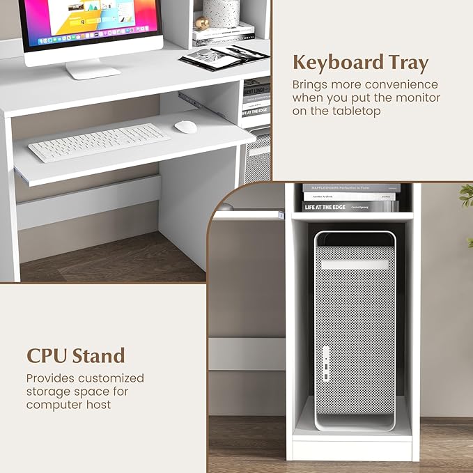 Tangkula White Desk with Hutch &Charging Station, Home Office Desk with Keyboard Tray & CPU Stand, Modern Laptop PC Desk, Space-Saving Writing Study Desk with Bookshelf, Ideal for Dorm Bedroom