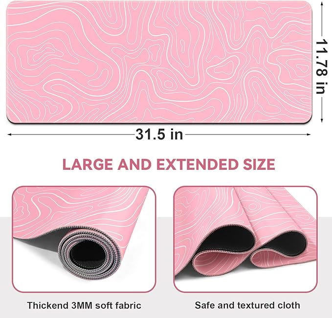 DIGSOM Gaming Mouse Pad 31.5 x 11.8in Large Mouse Pad with Anti-Slip Rubber Base（Pink with White Topographic Line）