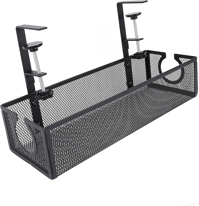 SUNGOOYUE Under Desk Cable Management Tray, No Drill Carbon Steel Cable Organizer with Scratch Pads and Trapezoidal Design, for Home Office Standing Desk Wire Management (Black)