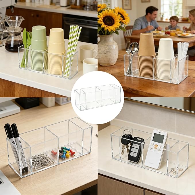 Clear Acrylic Cup Holder with Marker Slot, 4 Compartment Disposable Cup Dispenser Organizer, Coffee Bar Accessories for Home Kitchen, Office Break Room, Party Buffet, Bar Counter Decor