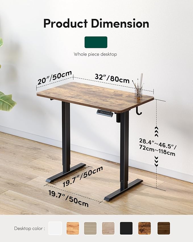 FEZIBO One-Piece Standing Desk, 32"x20" Seamless Tabletop Electric Height Adjustable for Home Office, Study Rooms & Multi-Device Workstations, Rustic Brown