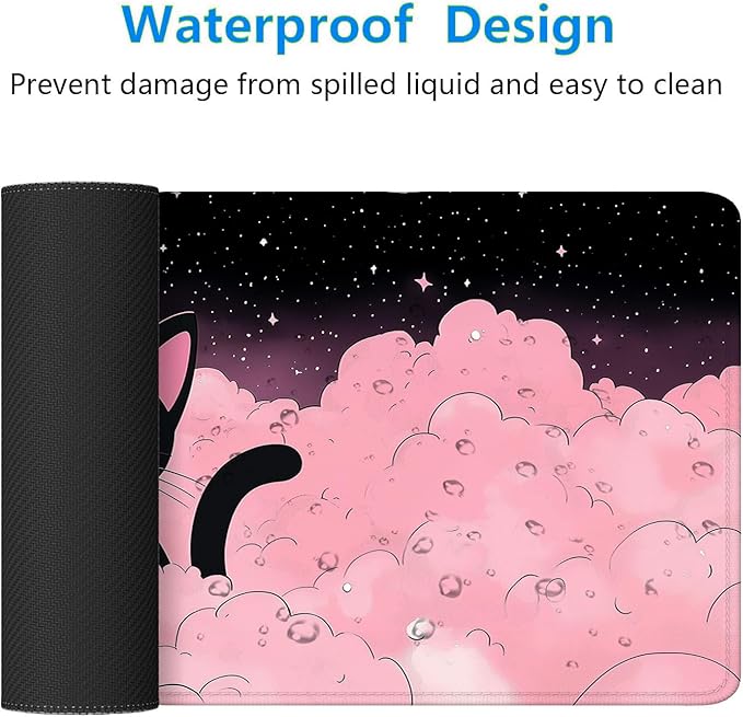 Cute Black Cat Gaming Mouse Pad Cartoon Galaxy Pink Clouds Kawaii Mousepad Extended Large Laptop Keyboard Non-Slip Rubber Base with Stitched Edges for Home 31.5x11.8 Inch