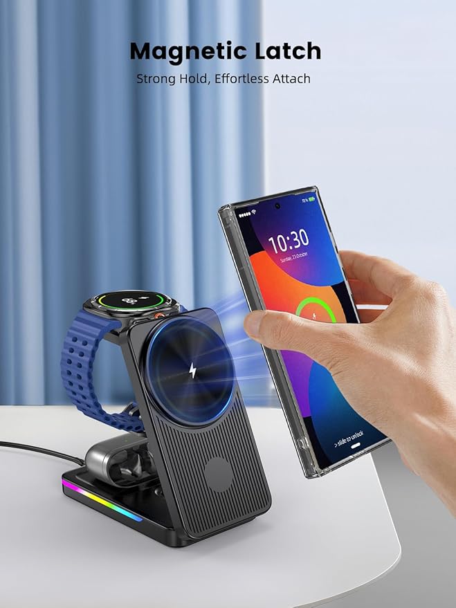 Magnetic Wireless Charger for Samsung Galaxy S26 Ultra, 3 in 1 Wireless Charging Station for Samsung Watch 8, Travel Foldable MagSafe Charger Stand for Android S25 Ultra/Z Fold/Z Flip 7, Buds 4 Pro