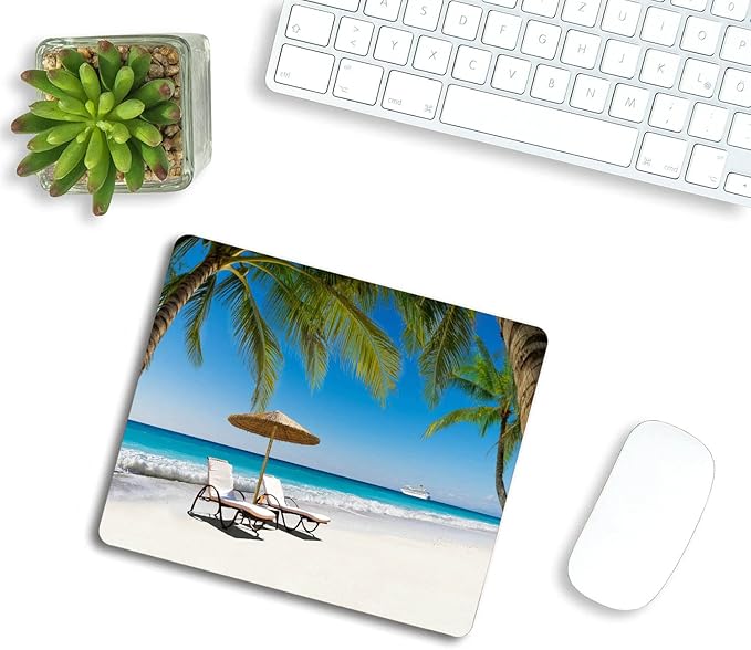 Beds and Umbrella on a Tropical Beach Mouse Pad Non-Slip Rubber Base Gaming MousePads for Computers Laptop Office, 9.5"x7.9"x0.12" Inch(240mm x 200mm x 3mm)