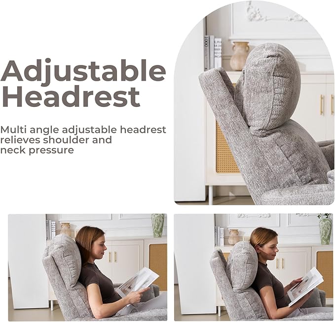 Oversized Swivel Rocker Recliner Chair with Massage and Heat, Manual Swivel Glider Rocker Recliner with 2 Bolster Pillows, Rocking Nursery Chair with Storage Ottoman , Adjustable Headrest, Light Grey
