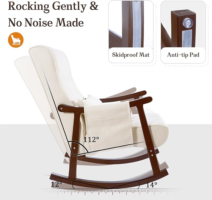 NOBLEMOOD Rocking Chair Indoor with Ottoman, Upholstered Rocking Chair with Lumbar Pillow, Side Pocket, High Back Solid Wood Frame Rocker with Footrest for Living Room