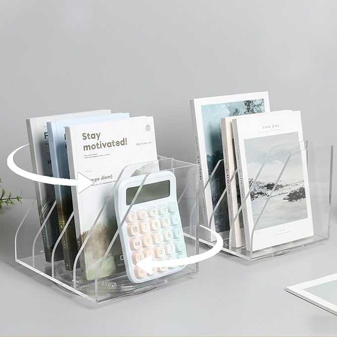 2 Pcs Acrylic File Organizer with 4 Vertical Compartments, 360° Rotating Vertical Desk Organizer for Books, Folders, Magazines, Compact Clear Book Stand & Binder Holder for Office Desk Storage