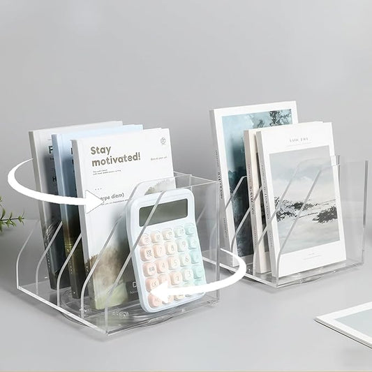 2 Pcs Acrylic File Organizer with 4 Vertical Compartments, 360° Rotating Vertical Desk Organizer for Books, Folders, Magazines, Compact Clear Book Stand & Binder Holder for Office Desk Storage