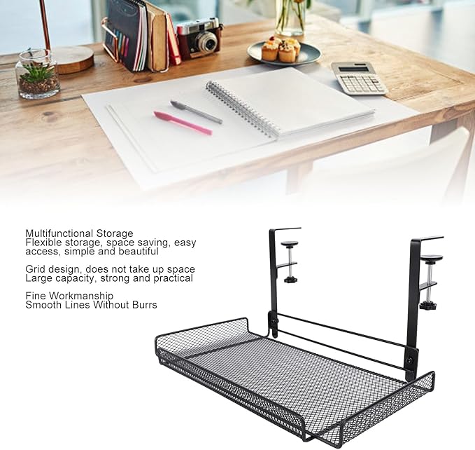 Under Desk Wire Organizer, Cable Management Tray Metal, Large Storage Tray Clamp Mount for Office Home, No Drill Cable Raceway (Black)