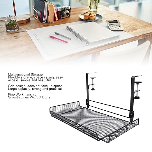 Under Desk Cable Management Tray, 14.4 x 7.9 x 6.9 Inch Large Cpacity Metal Mesh Desk Cable Tray with Clamp Mount No Drill Carbon Steel Desk Cable Organizer for Home Office (Black)