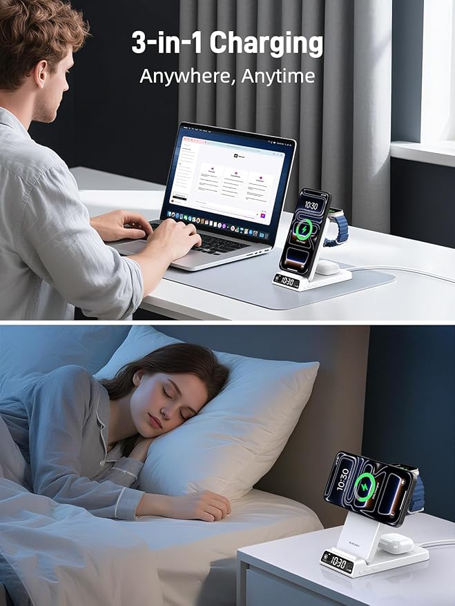 3 in 1 Charging Station for Apple, ELECDOV Magnetic Charger for iPhone, Foldable Wireless Charger with Clock, Travel Watch Charger Stand for iPhone 17/Air/16/15 Series, iWatch 10/AirPods 4 (White)