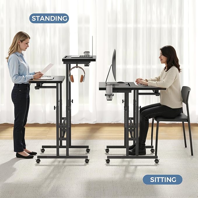 DUMOS Split Top Rolling Standing Desk, 23.6" Mobile Laptop Desk, Manual Height Adjustable Workstation on Wheels, Sit Stand Office Table, Walking Pad Study Desk, Black