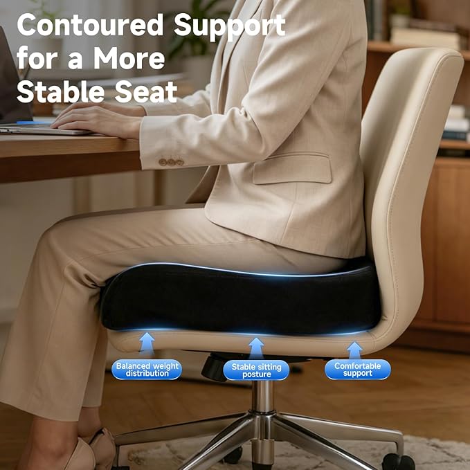 Memory Foam Seat Cushion with Center Cutout, Donut-Style Chair Cushion for Office Chair, Desk Chair and Long Sitting, Coccyx and Tailbone Comfort, Non-Slip Bottom, Removable Washable Cover, Black
