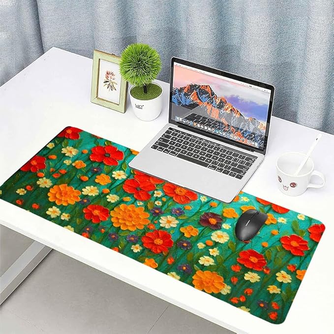 Oil Painting Flowers Desk Mat for Women, Large PU Leather Desk Pad with Non-Slip Base, Aesthetic Office Keyboard Cover for Gaming & Home Work, Artistic Desk Decor (27.56 * 13.78in)