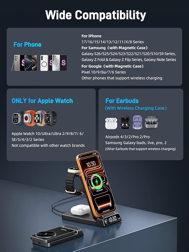 3 in 1 Charging Station for Apple, ELECDOV Magnetic Charger for iPhone, Foldable Wireless Charger with Clock, Travel Watch Charger Stand for iPhone 17/Air/16/15 Series, iWatch 10/AirPods 4 (Black)