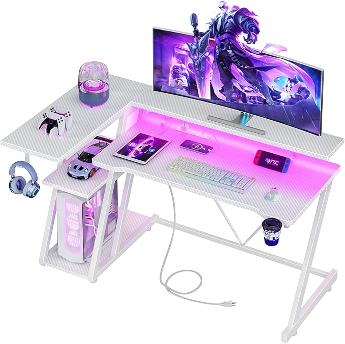 Korfile 47 Inch White Gaming Desk with Power Outlet & LED Lights, Corner Computer Desk with 3 Tiers Storage Shelves, L Shaped Gaming Desk with Monitor Stand for Bedroom