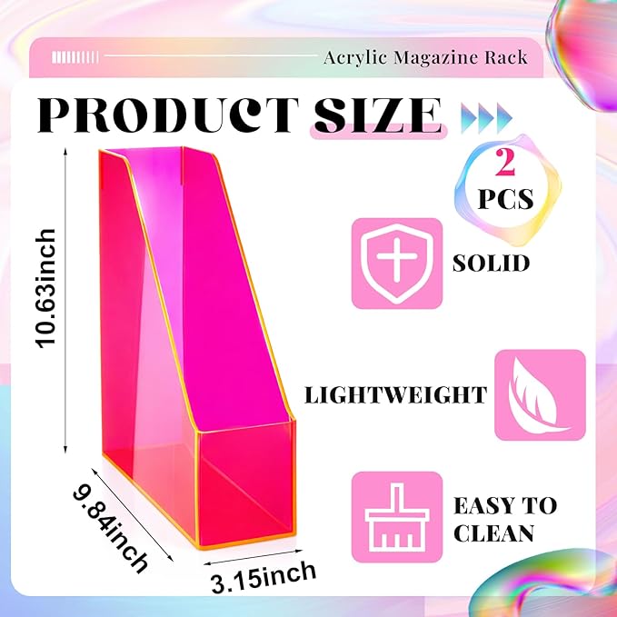 Engrowtic 2 Pcs Fluorescent Powder Vertical Magazine File Holder Acrylic Magazine Holder Storage Organizer Plastic Acrylic Rack for Office Classroom Home Document Paper Book Collection