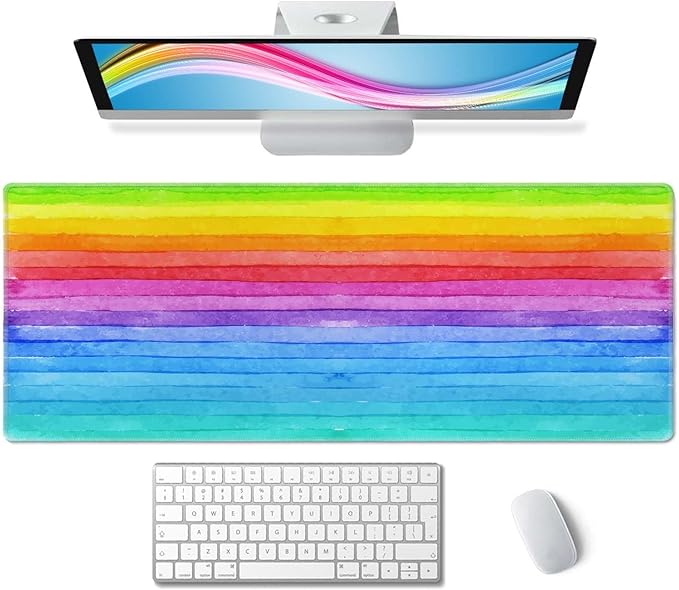 Large Gaming Mouse Pad - XL Desk Mat for Keyboard Mice - Extended Long Thin Rainbow Stripes - 31.5 x 11.8 Inch