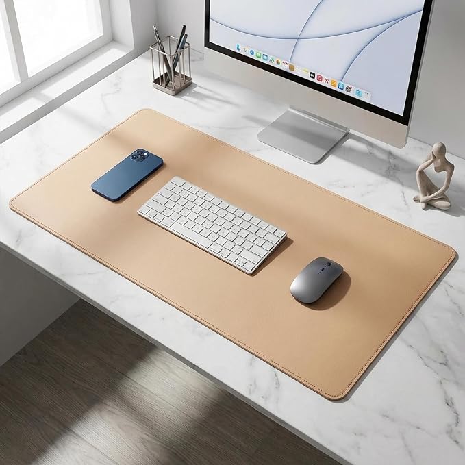 Leather Desk Pad Protector, 26'' X 40.19'' Mouse Pad, Office Desk Mat, Non-Slip PU Leather & Suede Base Desk Blotter, Laptop Desk Pad, Desktop Mat for Office Home, Khaki