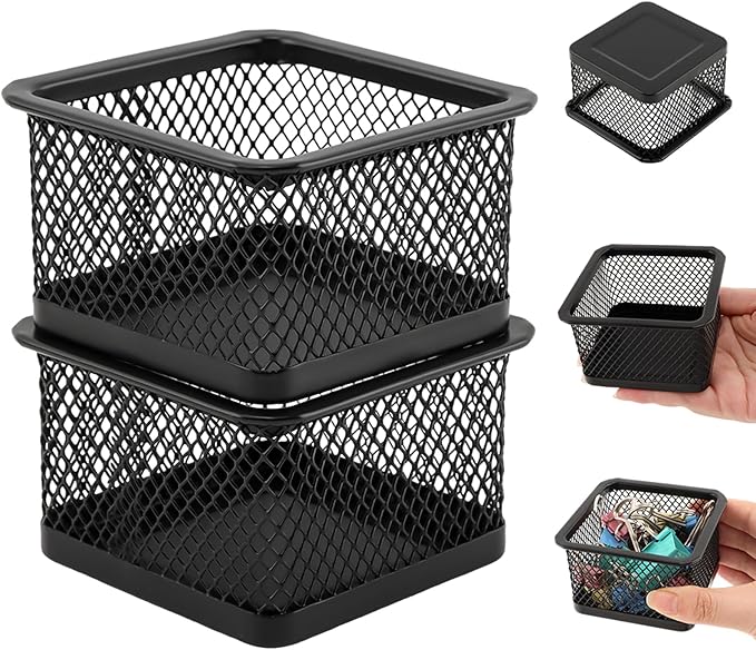 Paper Clip Holder, Stackable Mesh Desk Organizer, 4 Pack Black Metal Dispenser Organizer Box for Desk Office Binder Supplies & Small Accessories(Size:Square)