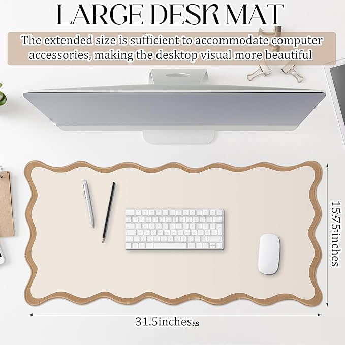 Hahafelt Scalloped Desk Mat Large Desk Pad Cute Coquette Table Mat Aesthetic Preppy Table Make up Pad Nonslip 2026 Graduation Gift with Stitching Waterproof Gaming(Beige,31.5 x 15.8 Inches)