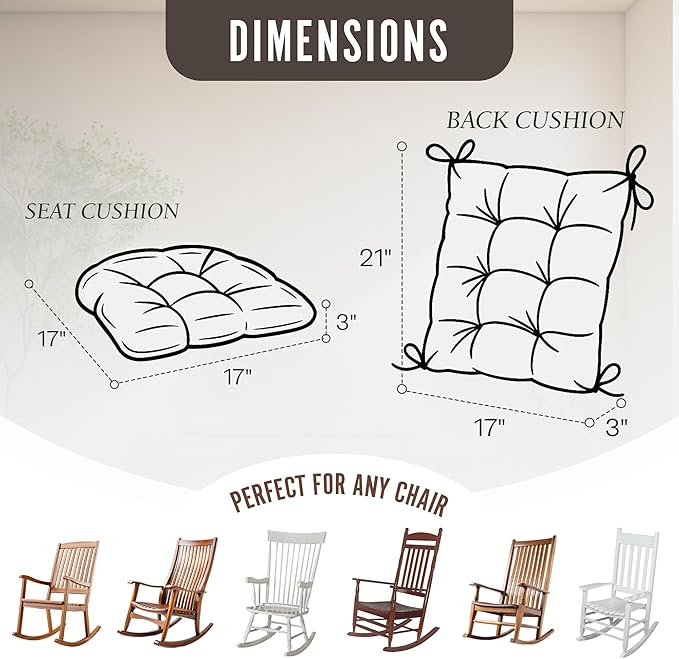 Klear Vu The Gripper Non-Slip Rocking Chair Cushion Thick, Includes Seat Pad & Back Pillow with Ties for Indoor Living Room Rocker, 17x17 Inches, 2 Piece Set, Cream