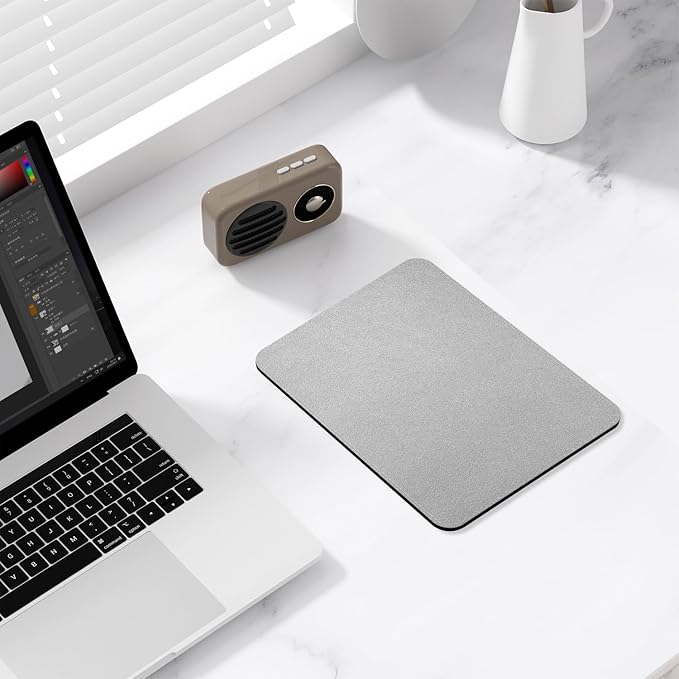 Leather Mouse Pad, Office Mouse Mat Non-Slip Rubber Base Stitched Edge Washable Waterproof Rectangular Mousepad for Office Gaming PC Laptop, 9.8" x 7.9", Silver