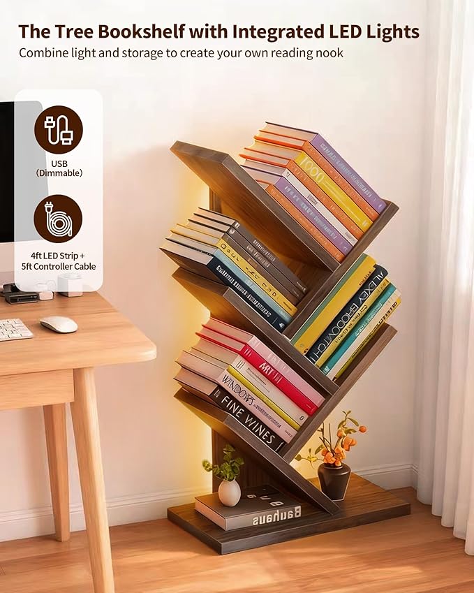 Godferyxin Bookshelf with Liting,Small Bookcase LED and Desktop Book Shelf for Office, Home or School Small Bookshelf for Wood Displaying Books, CDs, Magazines Wood Book Rack-Mini Bookcase