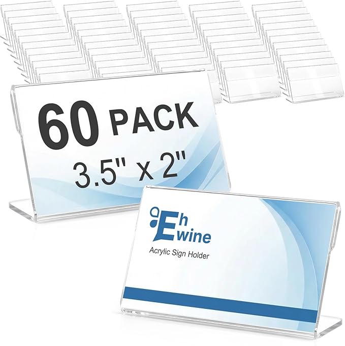 EHWINE 60 Pack Clear Acrylic Sign Holders, 3.5 x 2 Inch Slanted L-Shaped Name Tag & Price Label Display Stand for Restaurant Table, Retail Shelf, Office Desk, Trade Show