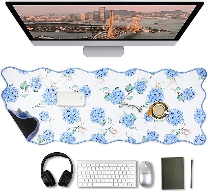 Copkim 1 Pcs Blue Scalloped Hydrangea Desk Mat 31.5 x 11.8 Inch Large Cute Mouse Pad Computer Mat Non Slip Waterproof Rubber Base with Border Stitching Soft Keyboard Pad for Home Office Gaming Makeup