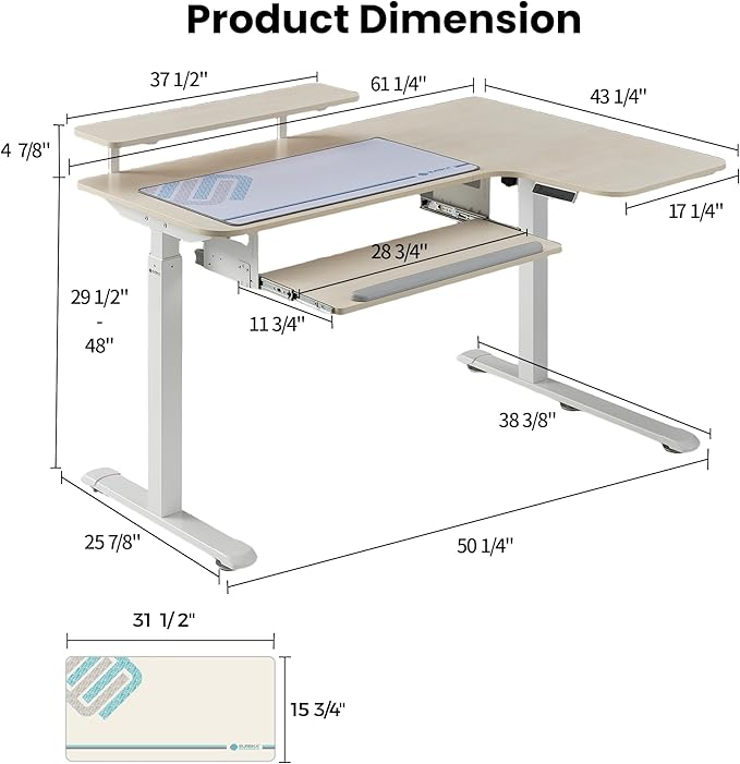 EUREKA ERGONOMIC 55 Inch L Shaped Electric Standing Desk, Height Adjustable Computer Gaming Desk with Keyboard Tray, Mouse Pad,Home Office Work,Maple Wood, Right Side