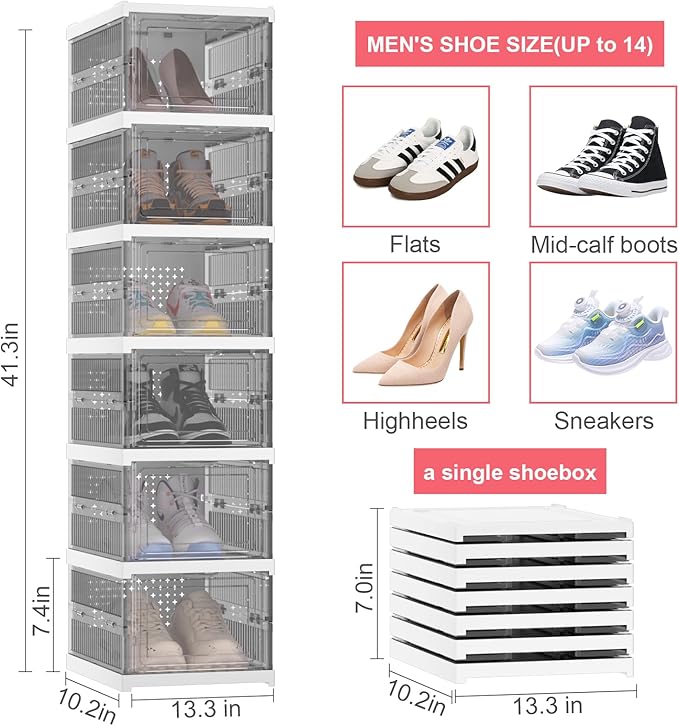 Foldable Shoe Storage Organizer, Stackable Boxes for Closet, Foldable Space-Saving Shoe Rack for Sneaker Boot Container, Acrylic Shoe Cabinet Shoe Box（6 Pack, Black