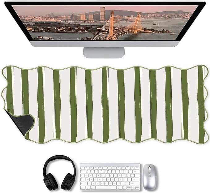 Copkim 1 Pcs Green Scalloped Striped Desk Mat 31.5 x 11.8 Inch Large Cute Mouse Pad Computer Mat Non Slip Waterproof Rubber Base with Border Stitching Soft Keyboard Pad for Home Office Gaming Makeup