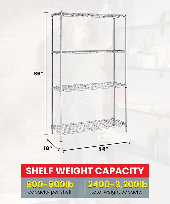 Quantum Storage Systems WR86-1854C Starter Kit for 86" High 4-Tier Wire Shelving Unit, Chrome Finish, 18" Width x 54" Length x 86" Height